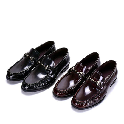 Black Genuine Leather Men's Shoes Loafers Pointed Toe British Design Horse Collar Buckle Lazy Patent Leather Dress Shoes
