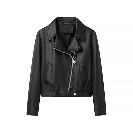 Classic Pleated Leather Jacket Women Korean Chic Outerwear Vintage PU Coats Lapel Collar Zipper Overcoat Autumn/Winter