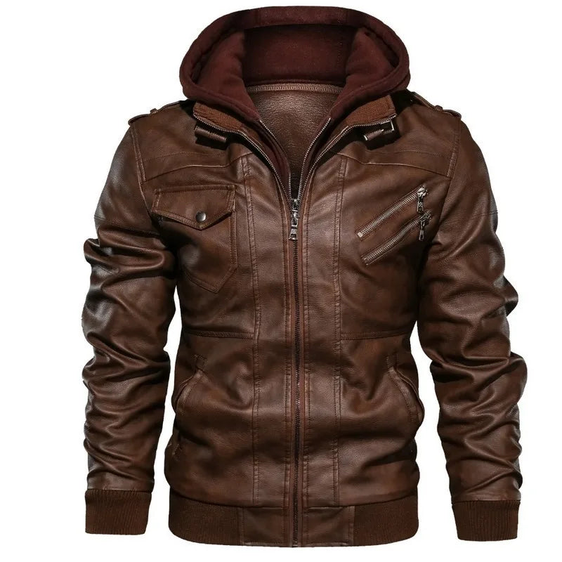 Men Leather Jacket Warm Autumn Winter Windbreaker Overcoat PU Biker Jacket Coat With Hood Fashion Casual Jacket Male Clothes