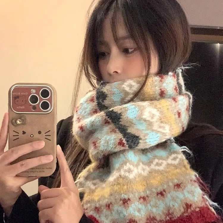 Women's Winter Scarf Sweet Style Warm Scarf Knitted Wool Scarf  Winter High End Retro Thickened Warm Woolen Scarf Fashion Scarf