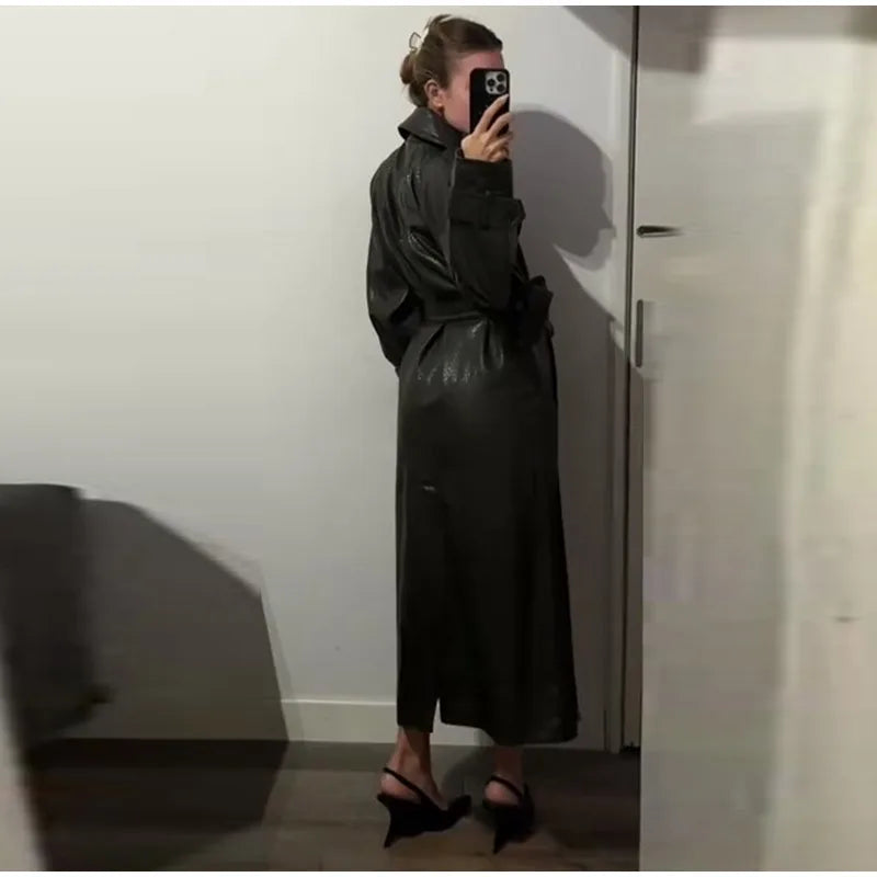 Elegant Women's Double Breasted Long Leather Coat With Belt Lapel Full Sleeve Pockets Jacket 2025 Autumn Winter Lady Outwear New