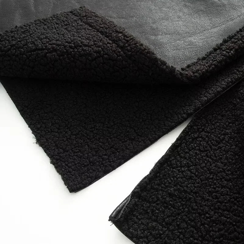 Women's Coat 2025 Autumn New Style Black Long-Sleeve Leather and Fur Integrated Coat with Belt High-End Outerwear Elegant