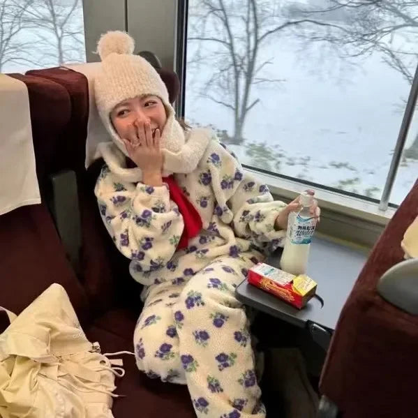 Winter Sweet Girl's Must-have - Wool Blend Beanie with Scarf and Shiny Furball