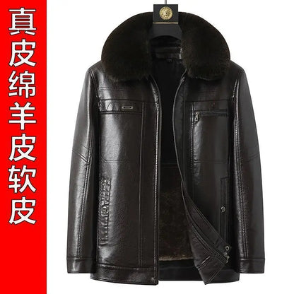 Natural Leather Jacket For Men Fur Thick Loose Plus Velvet Winter Black Leather Coats Male Sheepskin Coat Man With Fur Collar