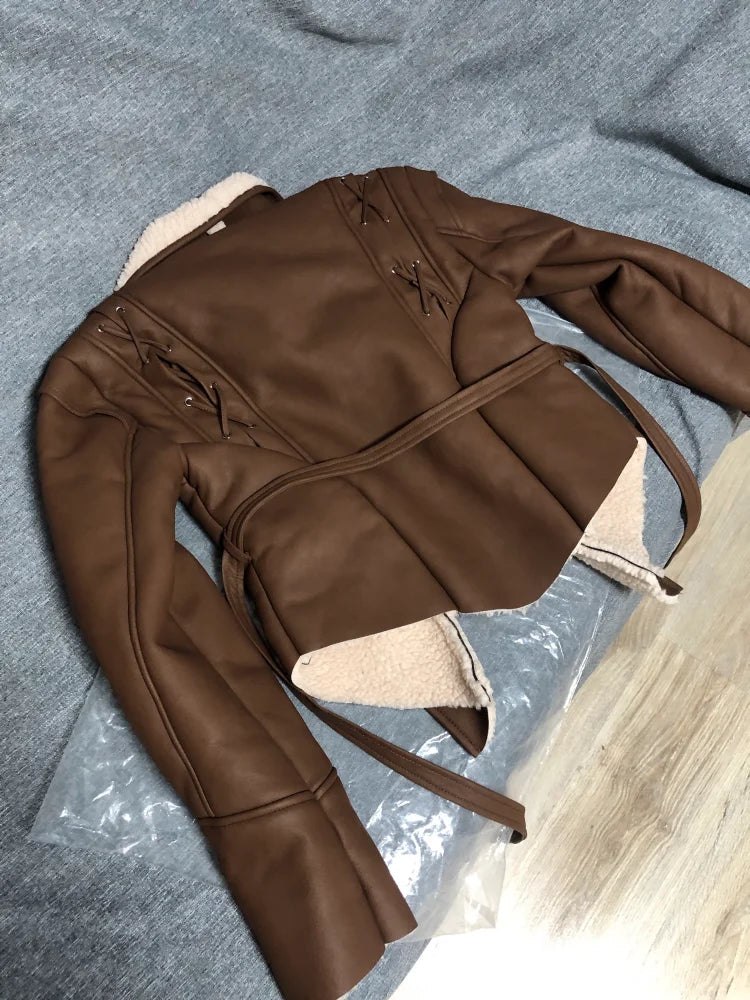 Leather Jackets Women's With Belt Fur Coat Streetwear Fashion Solid Outwear Woman Elegant Jackets Chaqueta De Cuero Para Mujer