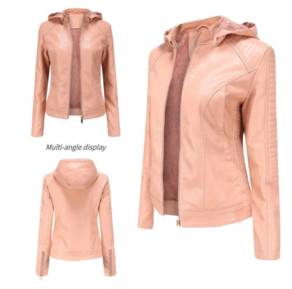 Faux Leather Women Coat Hooded Full Sleeve Slim Fit Solid Sexy Regular Jackets Zipper Casual Splice Coats Thick Warm Jacket