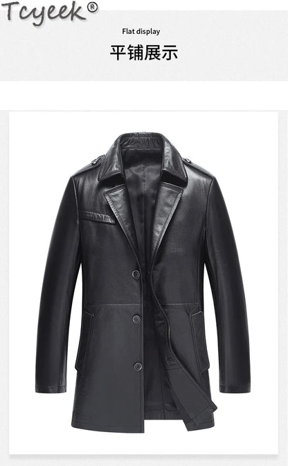 Tcyeek Real Cowhide Genuine Leather Man Jackets Mid-length Trench Coat Spring Autumn Suit Jacket Men Clothing Jaqueta De Couro