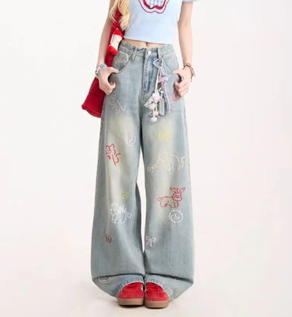 Jeans for Woman Y2k Pants Retro Washed Denim Straight Leg Wide Leg Trousers Cartoon Embroidery Design Comfortable Daily Wear