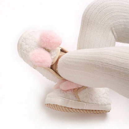 Cute Toddler Winter Boots Warm Plush Snow Booties Slip-on Soft Sole Shoes for Baby Girls with Bow Decoration and Anti-Skid