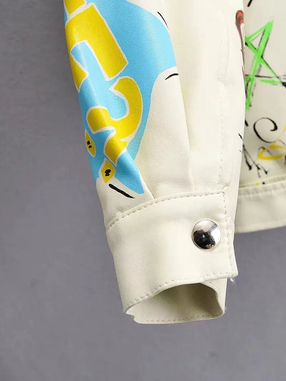 Fashion Brand Coat PU Leather Jacket Women Colorful Print Graffiti Soft Punk Coats Slim Locomotive Cropped Jacket Leather Top 1