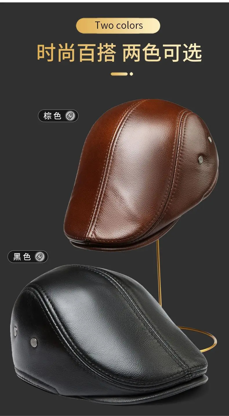 Men's Genuine Leather Hat Vintage Classic Thicker Warm Cowhide Leather Berets With Ears Snapback Cap Fashion Cap Gifts for Dad