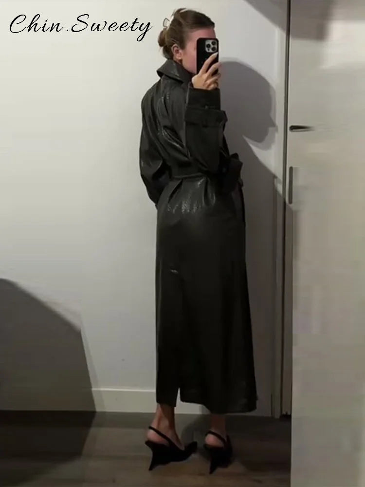 Elegant Women's Double Breasted Long Leather Coat With Belt Lapel Full Sleeve Pockets Jacket 2025 Autumn Winter Lady Outwear New