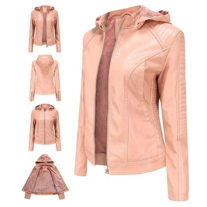 Faux Leather Women Coat Hooded Full Sleeve Slim Fit Solid Sexy Regular Jackets Zipper Casual Splice Coats Thick Warm Jacket