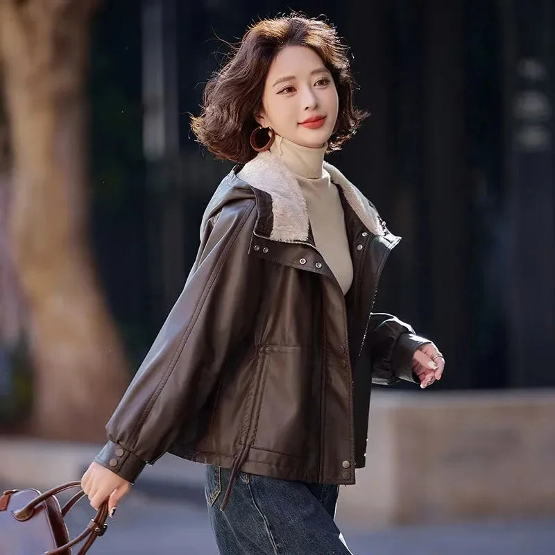 2025 Winter Leather Jacket Women Add-velvet Thicken Warm Coats Loose Hooded Short Jackets Streetwear Windproof Leather Outerwear
