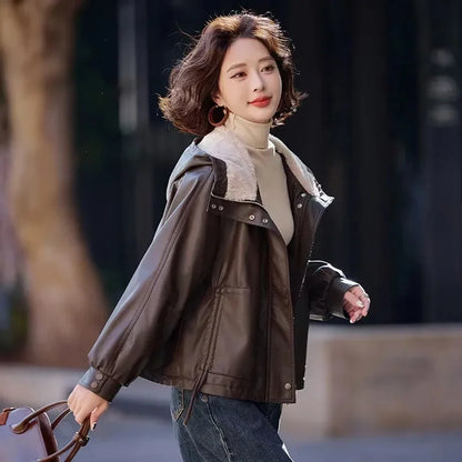 2025 Winter Leather Jacket Women Add-velvet Thicken Warm Coats Loose Hooded Short Jackets Streetwear Windproof Leather Outerwear