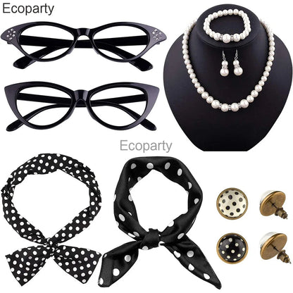 1950's Costume Accessories For Women Retro Polka Dot Headband Necklace Chiffon Scarf Eyeglasses Earrings Set Girls Party Outfits