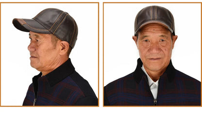 Men Real Cowhide Leather Earlap Caps Male Fall Winter 100% Real Cow Leather Hats New Casual Real Leather Outdoor Baseball Cap