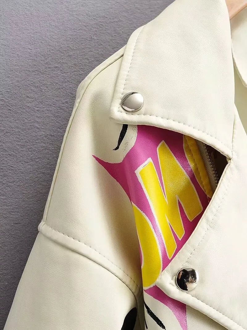 Fashion Brand Coat PU Leather Jacket Women Colorful Print Graffiti Soft Punk Coats Slim Locomotive Cropped Jacket Leather Top 1