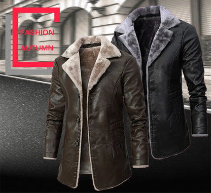 Winter Men's Leather Jacket Oversized Fur Long Coats High Quality PU Leather Thicken Fleece Casual Jacket Men Clothing A2F80818