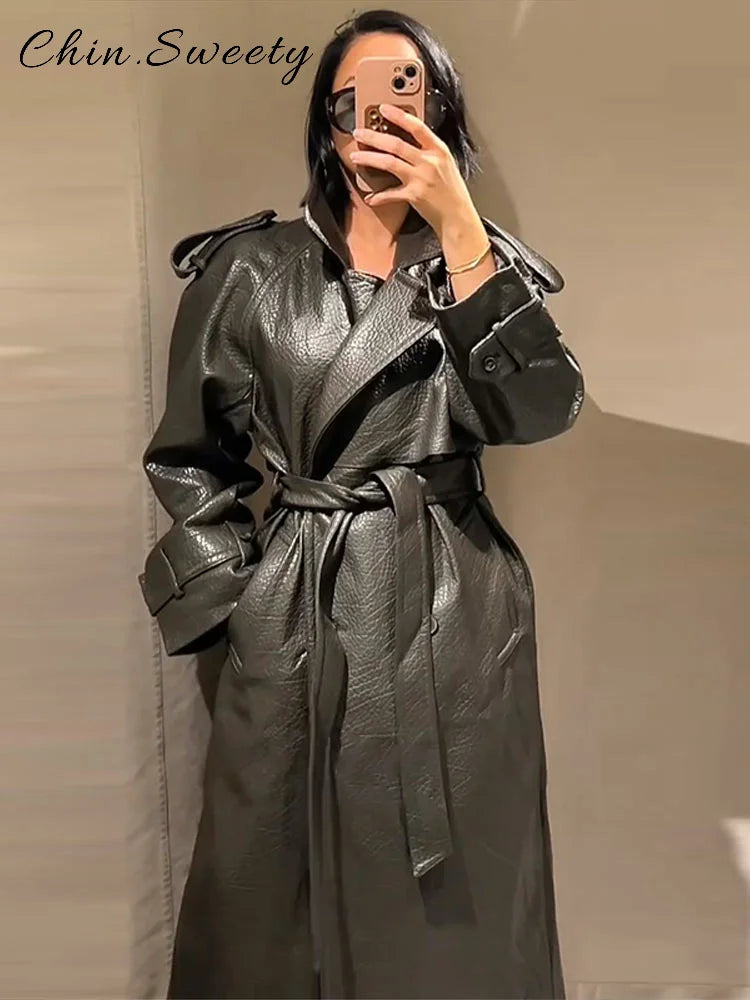 Elegant Women's Double Breasted Long Leather Coat With Belt Lapel Full Sleeve Pockets Jacket 2025 Autumn Winter Lady Outwear New