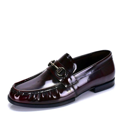 Black Genuine Leather Men's Shoes Loafers Pointed Toe British Design Horse Collar Buckle Lazy Patent Leather Dress Shoes
