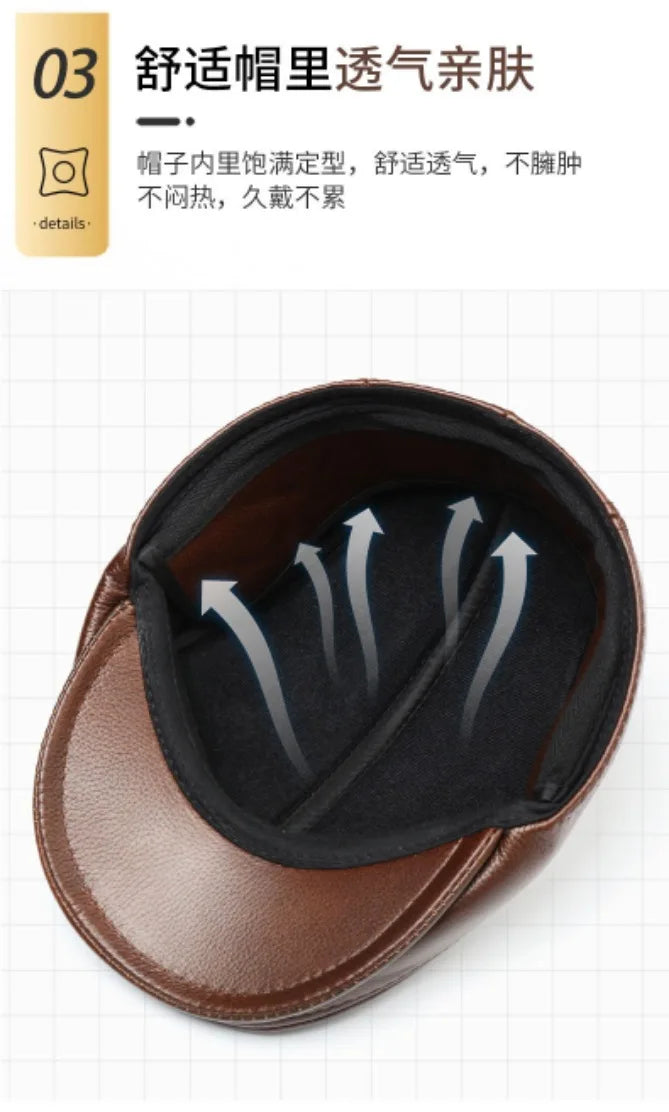 Men's Genuine Leather Hat Vintage Classic Thicker Warm Cowhide Leather Berets With Ears Snapback Cap Fashion Cap Gifts for Dad