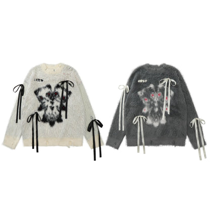 American sweet and cool bow sweater women's autumn and winter new loose soft waxy retro loose sweater outside the coat.