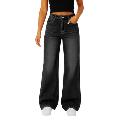 Wide-Leg Jeans Women Light Blue High-Waisted Simple Design Fashionable Trousers Loose-Fitting High-Height Pants Suitable Daily