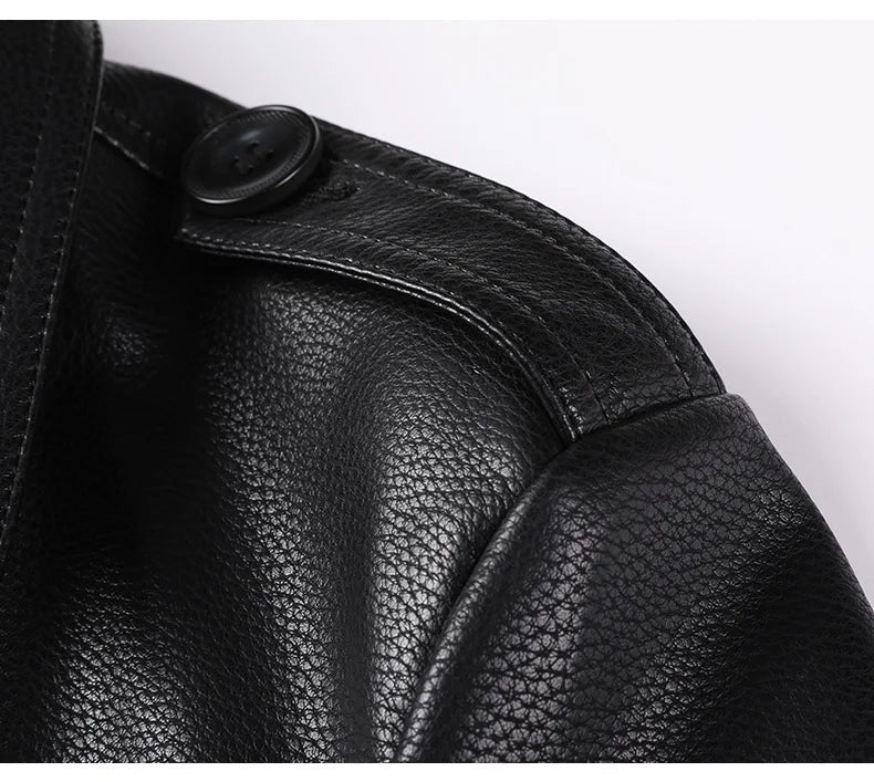 High Quality Knee-Length Men's Leather Overcoat for Autumn & Winter Double Breasted  Business Windbreaker Leather Coats PU-026