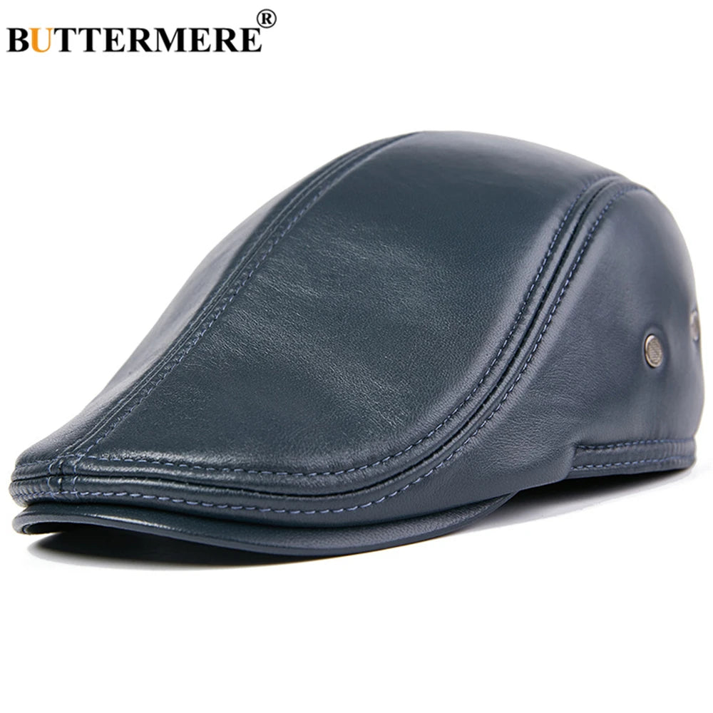 BUTTERMERE Men Flat Cap Sheepskin Real Leather  Cap Male Royal Blue Autumn Winer Earflaps Men's Duckbill Ivy Cap