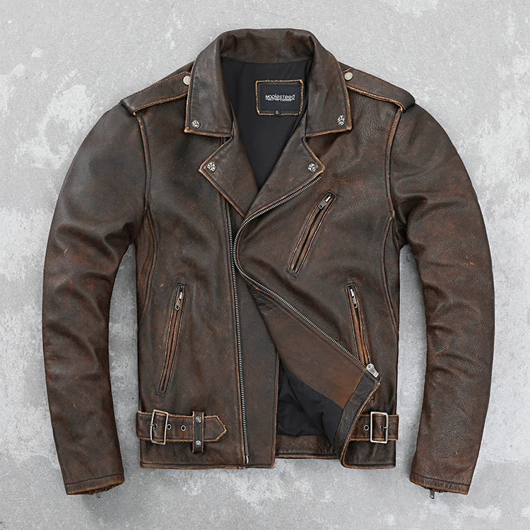 Cowhide Leather Coat Men's Retro Distressed Motorcycle Cycling Clothing Trendy Youth LapeSpring and Autumn Coat