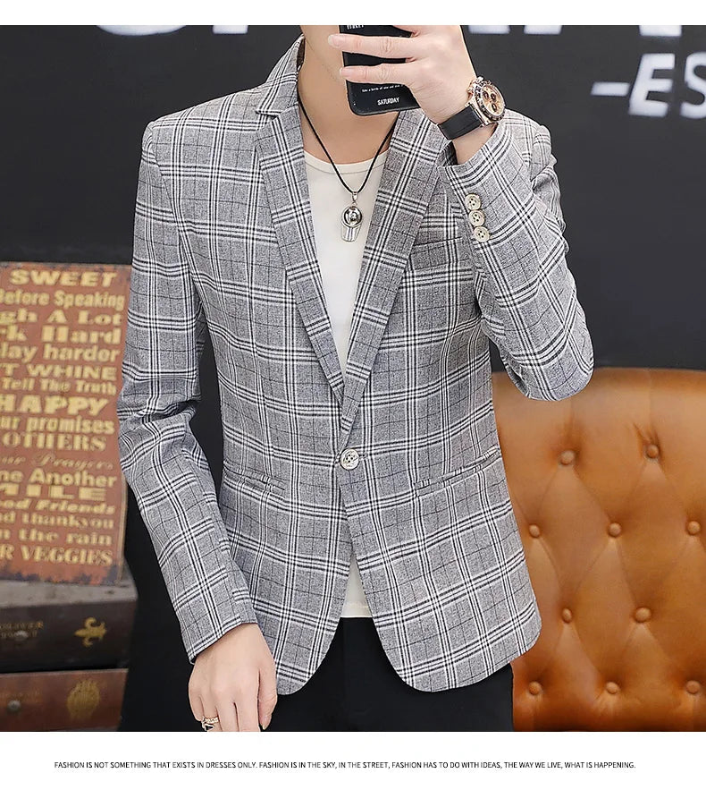 Men's British Style Checkered Suit Casual High-End Spring Autumn Small Plankton Design Handsome Coat