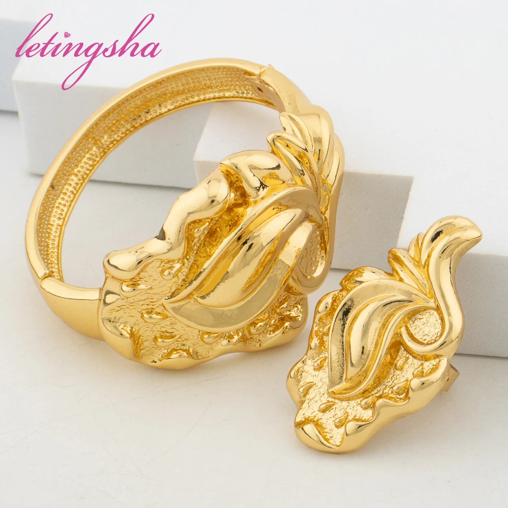 Fashion Jewelry Set for Women Large Hoop Earrings and Bangle Ring Weddings Bride Trendy Bracelet and Earrings Jewelry Set