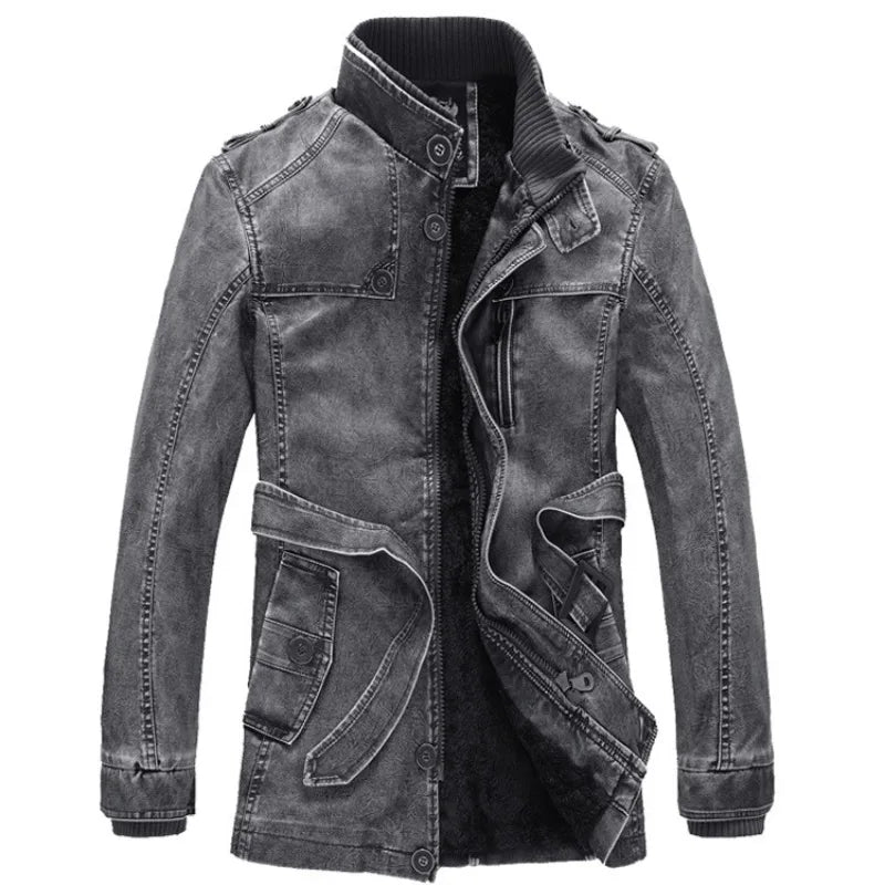 Leather Coat Men Stand-up Collar Autumn Winter New Men Mid-Length Casual Fashion Slim Fit Solid Color Leathercoat Fleece Jacket