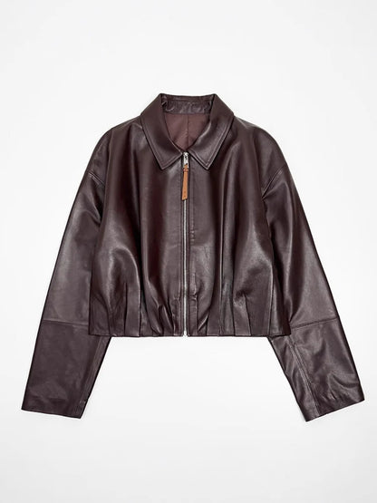 Natural Leather jacket For Women Lambskin Bomber Biker Jacket Long Sleeves 100% Sheepskin Leather Coat  Folded Short Tops Woman