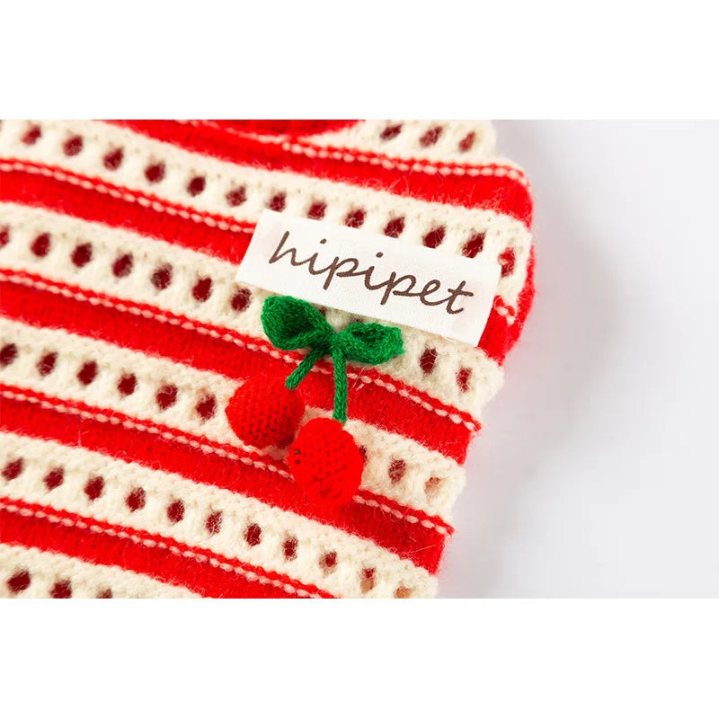 Christmas Dog Sweater, Cute Red Striped Pet Holiday Clothes, Puppy Cherry Sweaters for Small Dogs Cats, Fall Winter Xmas Costume