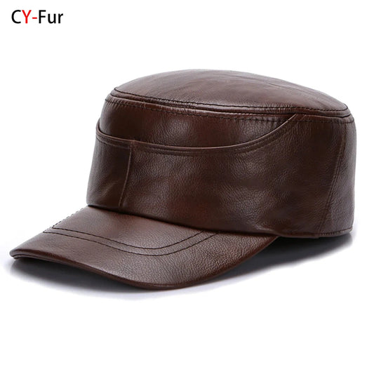 New Real Cow Leather Flat Cap Earflap Cap Men Real Leather Hats Fall Winter male 100% Genuine Real Cowhide Leather Military Caps