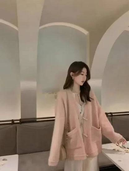 Ladies Sweaters Winter Button Knitted Top for Women White Cardigan 2025 New Collection Jumper Long Sleeve Knitwear Korean Luxury