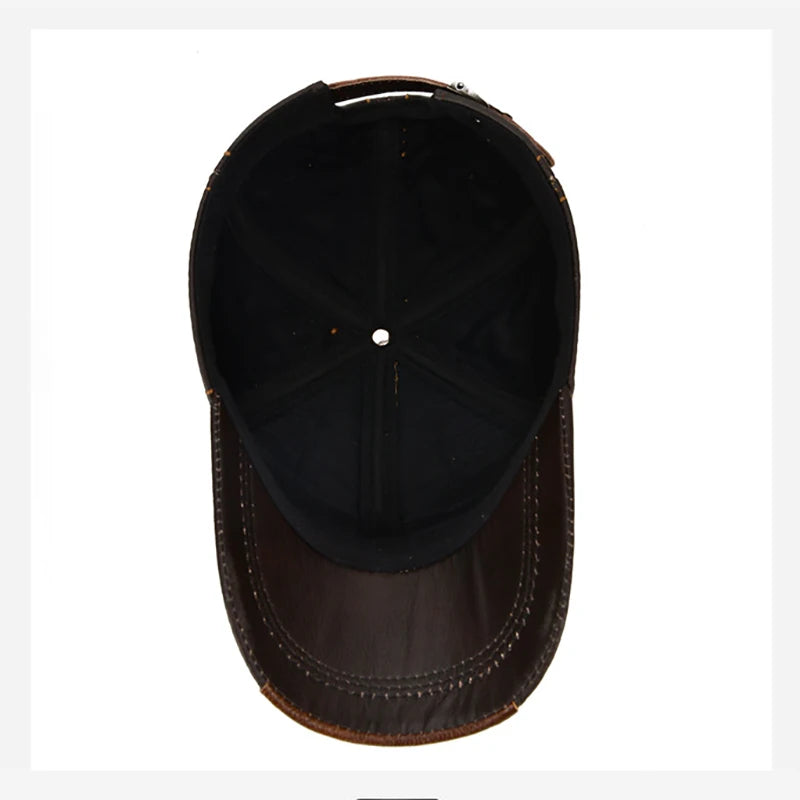 Men Real Cowhide Leather Earlap Caps Male Fall Winter 100% Real Cow Leather Hats New Casual Real Leather Outdoor Baseball Cap