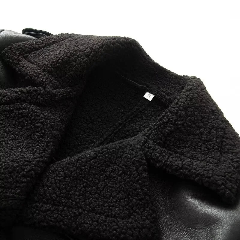 Women's Coat 2025 Autumn New Style Black Long-Sleeve Leather and Fur Integrated Coat with Belt High-End Outerwear Elegant