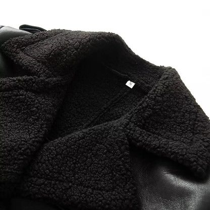 Women's Coat 2025 Autumn New Style Black Long-Sleeve Leather and Fur Integrated Coat with Belt High-End Outerwear Elegant