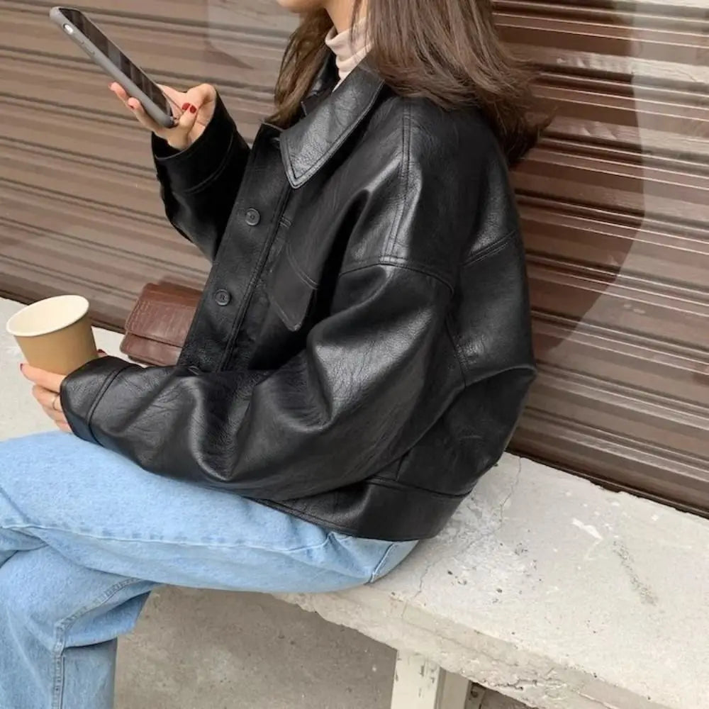 Fashion Lapel Collar Leather Jacket Women Outerwear Retro Vintage PU Coats Korean Chic Windbreaker Jackets Autumn/Winter