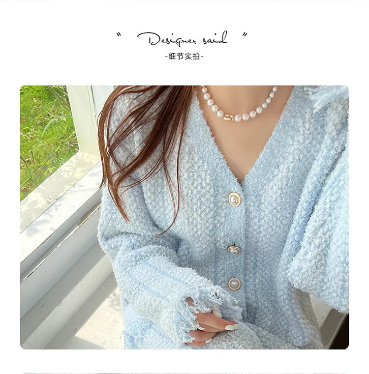 Winter Ins Sweet Tassel Cardigan Set Sleepwear Women's Winter Thick Warm Knitted Home Clothes Two Piece Set Light Blue