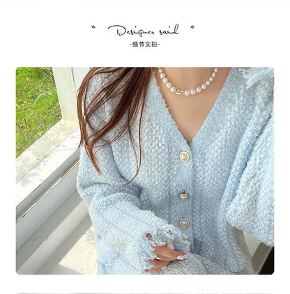 Winter Ins Sweet Tassel Cardigan Set Sleepwear Women's Winter Thick Warm Knitted Home Clothes Two Piece Set Light Blue