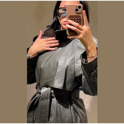 Elegant Women's Double Breasted Long Leather Coat With Belt Lapel Full Sleeve Pockets Jacket 2025 Autumn Winter Lady Outwear New