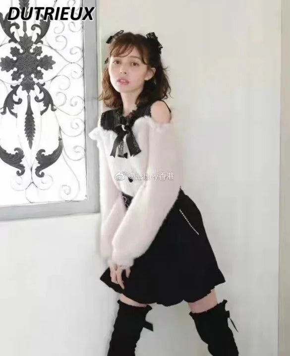 Sweet Lolita Winter Clothes Women Off Shoulder Sweater Pullover Student Elegant Long Sleeve Knitwear Bow Lace Waist Slim Sweater
