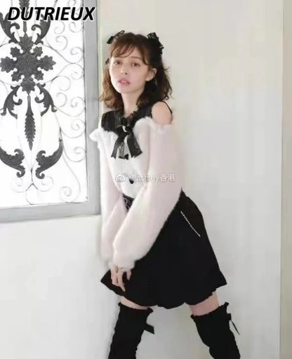Sweet Lolita Winter Clothes Women Off Shoulder Sweater Pullover Student Elegant Long Sleeve Knitwear Bow Lace Waist Slim Sweater