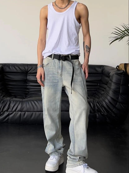 Jeans for Men Loose Light Blue Baggy Straight Man Cowboy Pants Punk Spliced Y2k Vintage Trousers 2025 Korean Autumn Trend Cotton