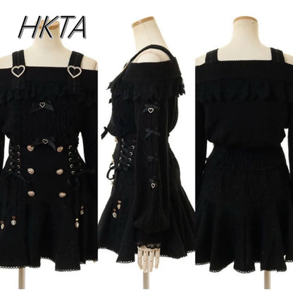 Japanese Sweet Bow Long-sleeve Knitted Pullover Sweater Autumn Winter New Off-shoulder Sexy Lolita Girls Liz Sweater Jumper Top