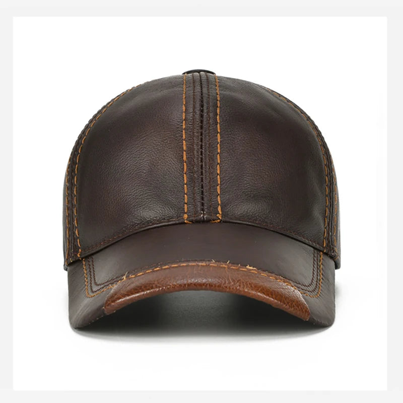 Men Real Cowhide Leather Earlap Caps Male Fall Winter 100% Real Cow Leather Hats New Casual Real Leather Outdoor Baseball Cap